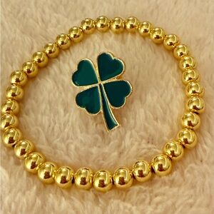 Gold Beaded Bracelet with Green Clover Charm